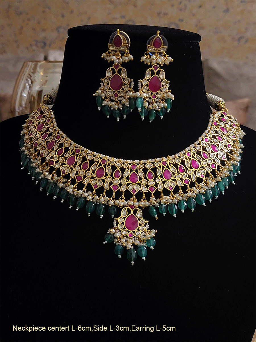 Paachi kundan stone studded elegant set with coloured bead drops - Odara Jewellery