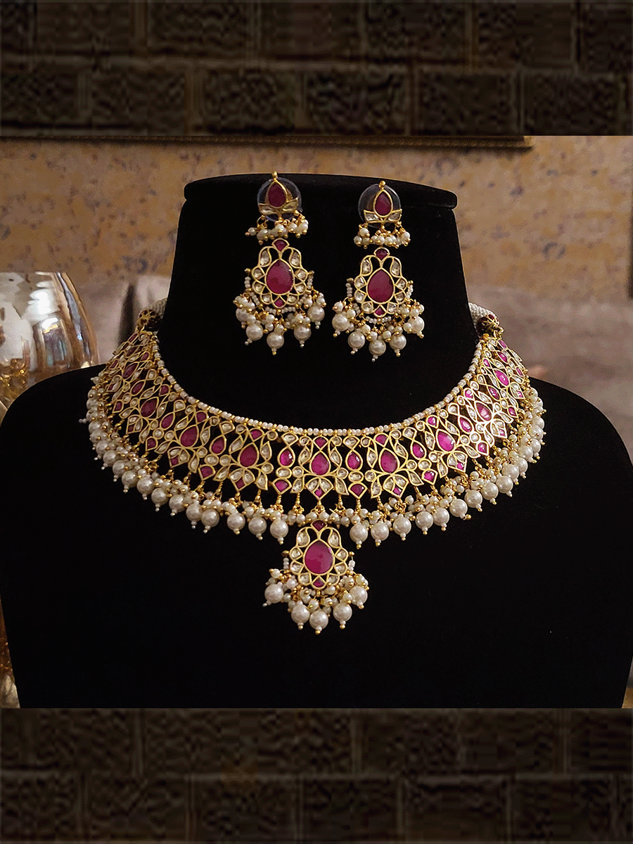 Paachi kundan stone studded elegant set with coloured bead drops - Odara Jewellery