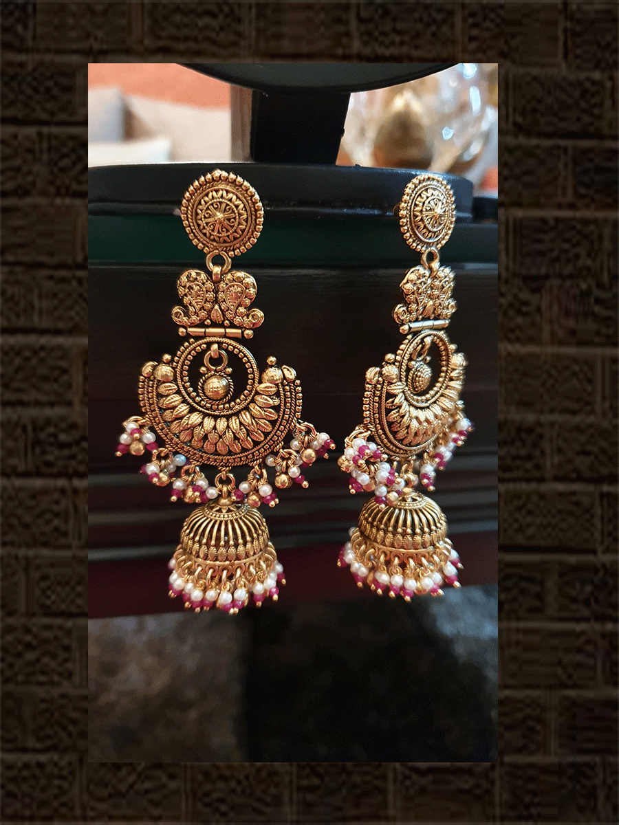 Antique gold finish paisley and coin design set with hanging pearly cluster with a hint of ruby beads - Odara Jewellery