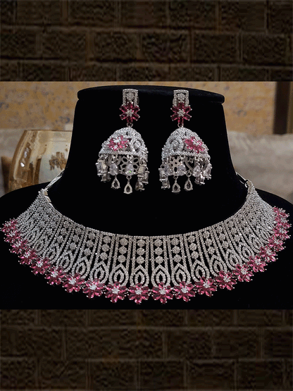 Ruby stone flower edge on bottom edge of silver finish AD set - Odara Jewellery