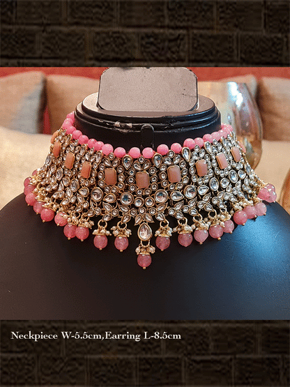 Peach square stone kundan choker set with peach drops - Odara Jewellery