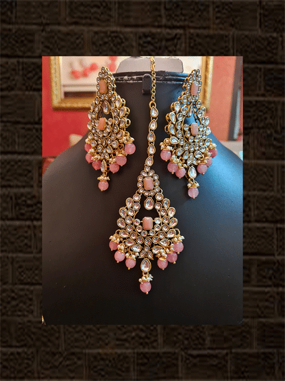 Peach square stone kundan choker set with peach drops - Odara Jewellery
