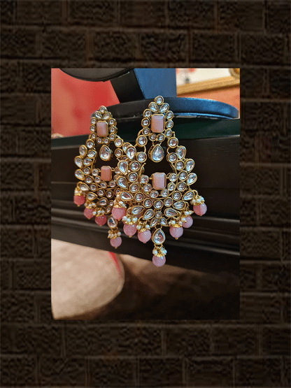 Peach square stone kundan choker set with peach drops - Odara Jewellery