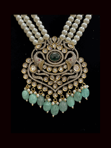 Eight inch long three pearl strings AD,kundan set with elephant motifs in antique finish