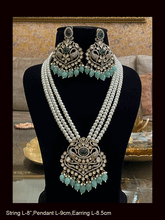 Load image into Gallery viewer, Eight inch long three pearl strings AD,kundan set with elephant motifs in antique finish