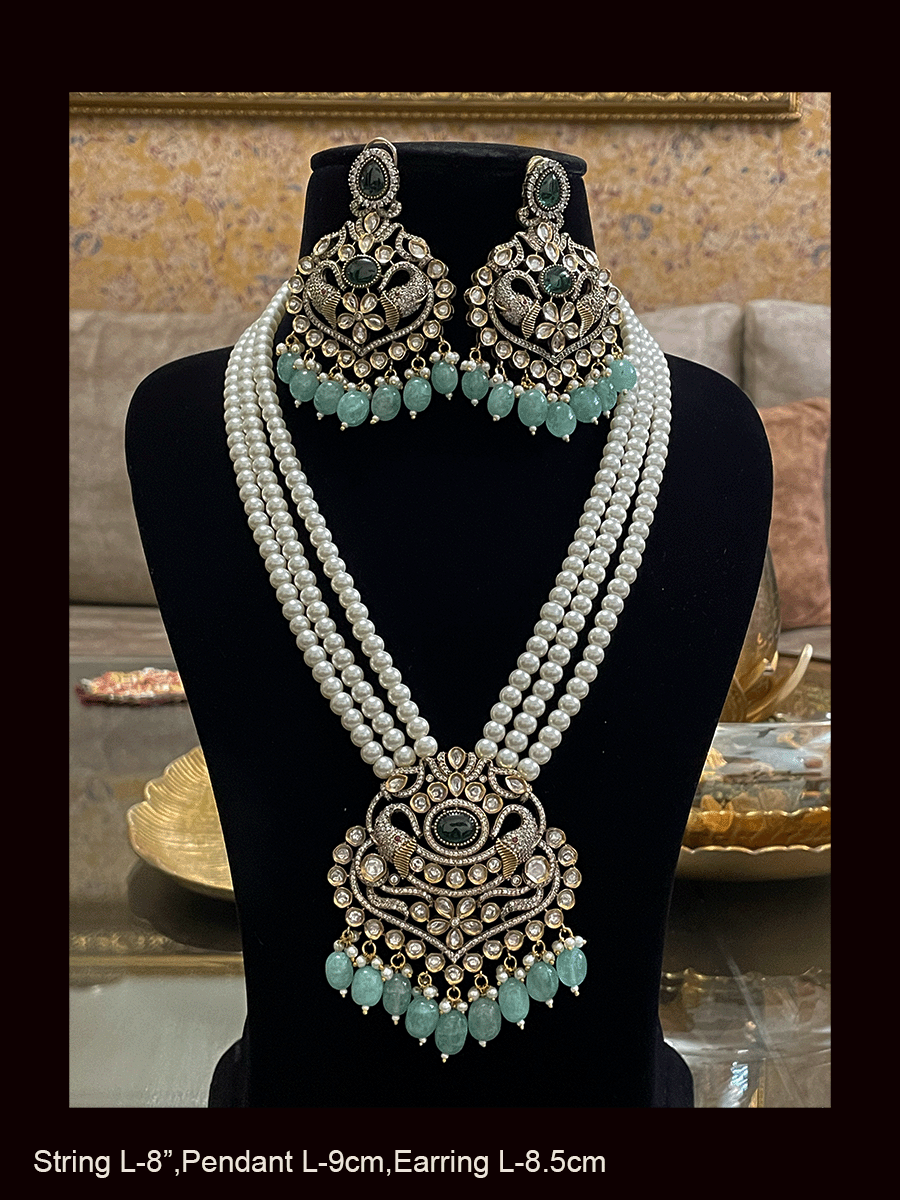 Eight inch long three pearl strings AD,kundan set with elephant motifs in antique finish