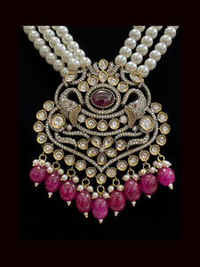 Eight inch long three pearl strings AD,kundan set with elephant motifs in antique finish