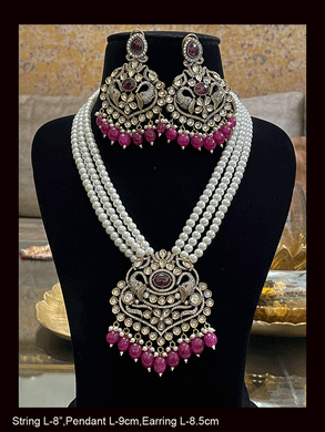 Eight inch long three pearl strings AD,kundan set with elephant motifs in antique finish