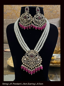 Eight inch long three pearl strings AD,kundan set with elephant motifs in antique finish