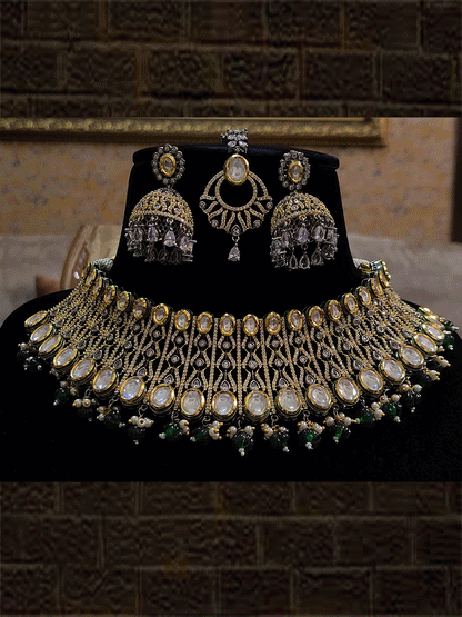 Kundans on both edges of black and gold finish AD set with coloured drops - Odara Jewellery