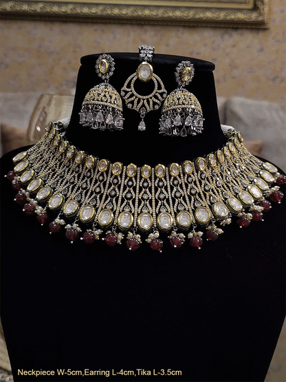 Kundans on both edges of black and gold finish AD set with coloured drops - Odara Jewellery