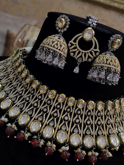 Kundans on both edges of black and gold finish AD set with coloured drops - Odara Jewellery