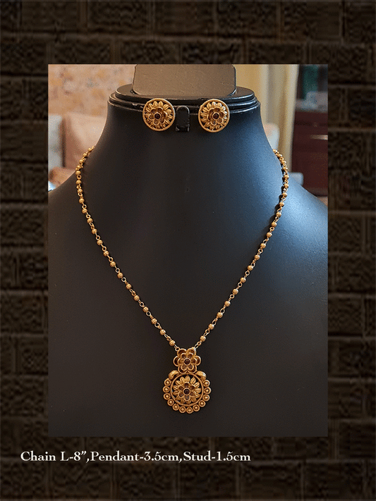 Small flower design ruby stone pendant in single chain with studs - Odara Jewellery
