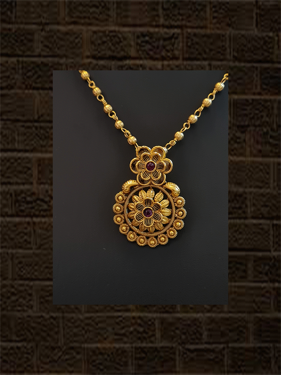 Small flower design ruby stone pendant in single chain with studs - Odara Jewellery
