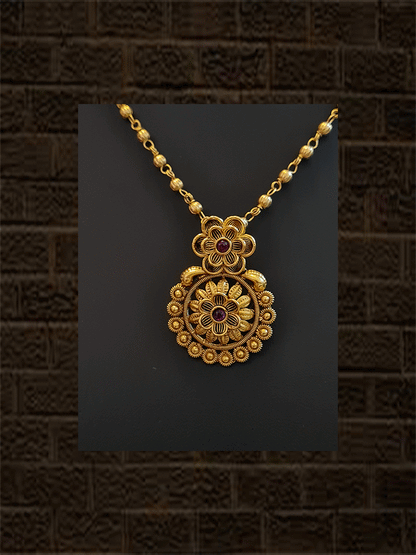 Small flower design ruby stone pendant in single chain with studs - Odara Jewellery