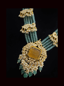 Five jade strings with paachi kundan peacock design tukdies on string and citrine stone pendant set