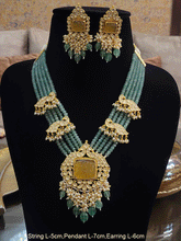 Load image into Gallery viewer, Five jade strings with paachi kundan peacock design tukdies on string and citrine stone pendant set