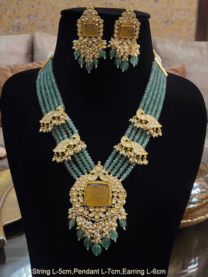Five jade strings with paachi kundan peacock design tukdies on string and citrine stone pendant set