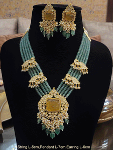 Five jade strings with paachi kundan peacock design tukdies on string and citrine stone pendant set