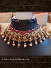 Load image into Gallery viewer, Laxmiji design broad set with ruby stones on one side and pearl hangings on other - Odara Jewellery