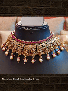 Laxmiji design broad set with ruby stones on one side and pearl hangings on other - Odara Jewellery
