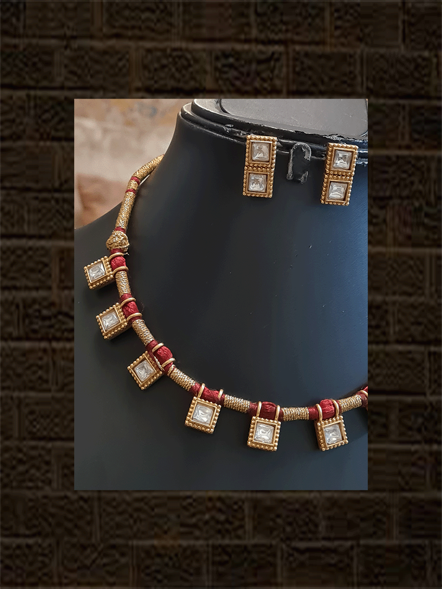 Silk thread dori square kundan tukdies set - Odara Jewellery
