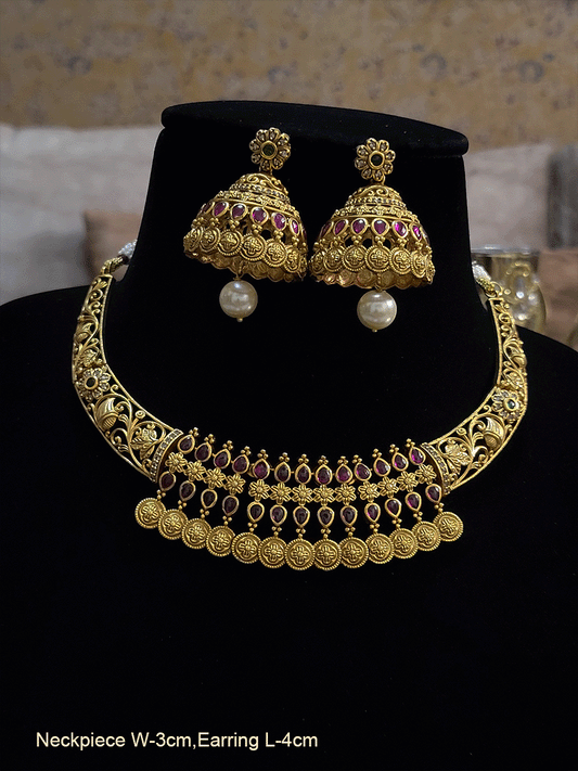 Intricate carving on side of ruby stones and hanging circular coins design set - Odara Jewellery