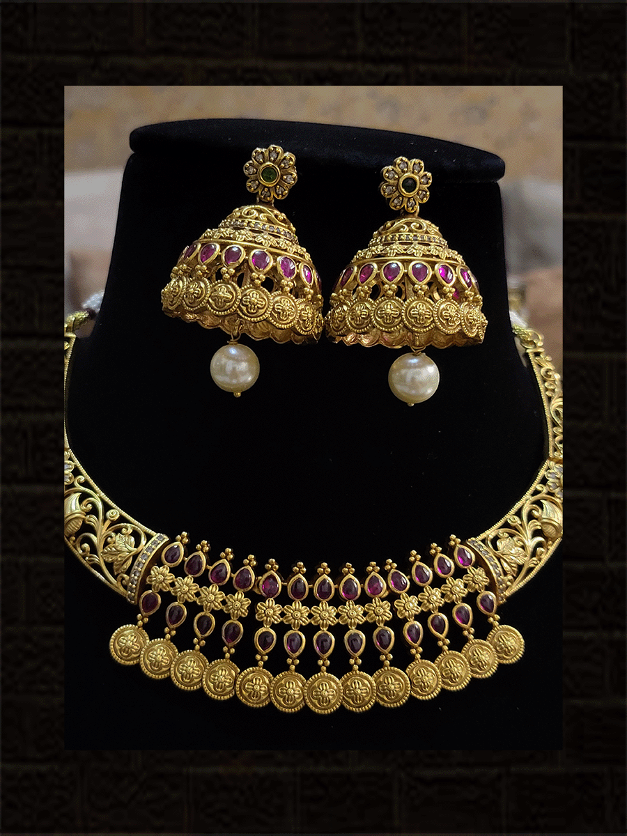 Intricate carving on side of ruby stones and hanging circular coins design set - Odara Jewellery