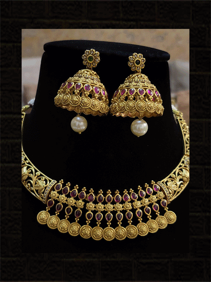 Intricate carving on side of ruby stones and hanging circular coins design set - Odara Jewellery