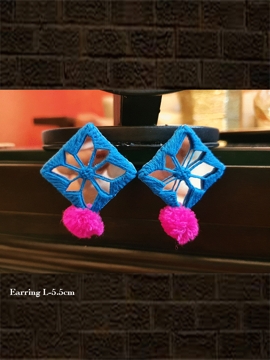 Kite shaped thread and mirror work earring - Odara Jewellery