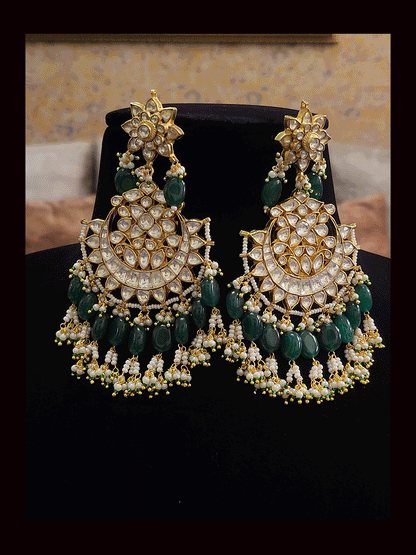 Circular center paachi kundan long center piece choker set with green drops(base metal brass)