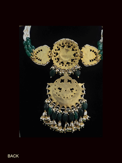 Circular center paachi kundan long center piece choker set with green drops(base metal brass)