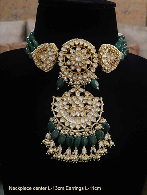 Circular center paachi kundan long center piece choker set with green drops(base metal brass)