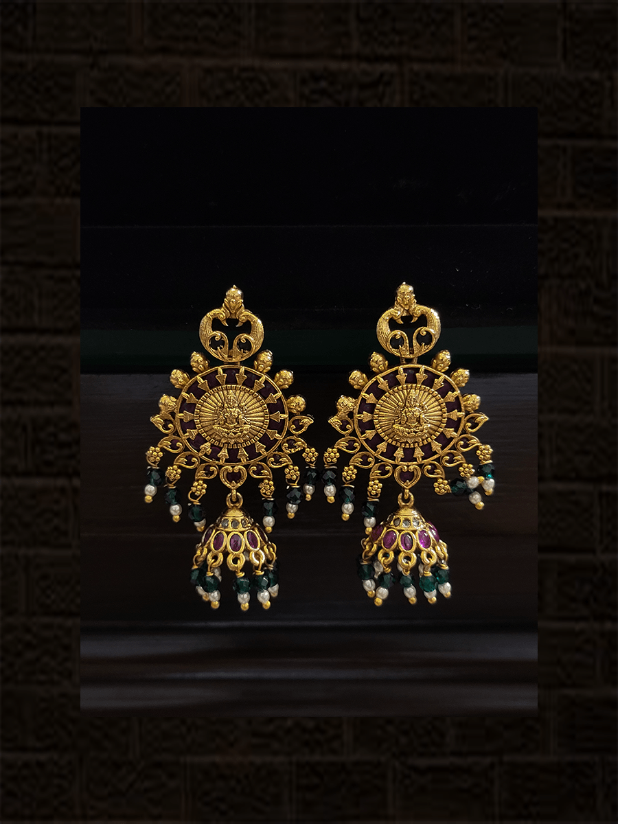 Laxmiji motif in circular design choker with side intricate design and green bead drops - Odara Jewellery