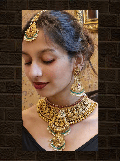 Varmala design broad choker set with long leaf design pendant in the middle with green bead and pearl bead detailing - Odara Jewellery