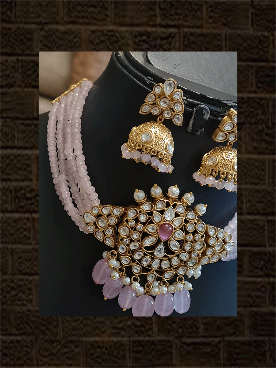 Five coloured side string kundan center piece set with string coloured stone in neckpiece - Odara Jewellery