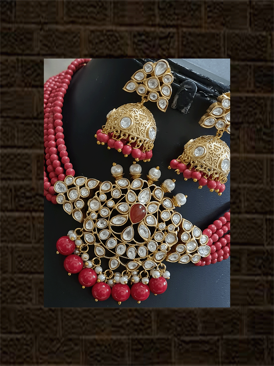 Five coloured side string kundan center piece set with string coloured stone in neckpiece - Odara Jewellery