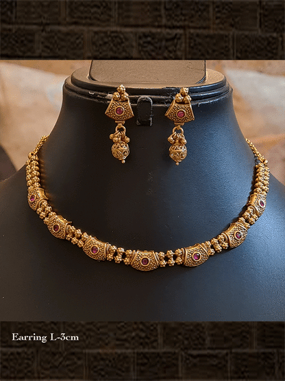 Antique gold tukdi with ruby stone separated with gold bead flowers neckpiece - Odara Jewellery