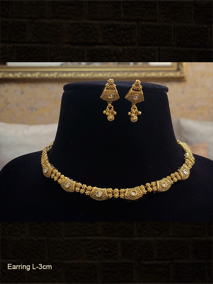Antique gold tukdi with ruby stone separated with gold bead flowers neckpiece - Odara Jewellery