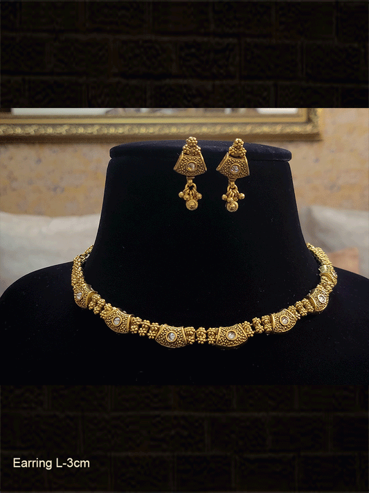 Antique gold tukdi with ruby stone separated with gold bead flowers neckpiece - Odara Jewellery