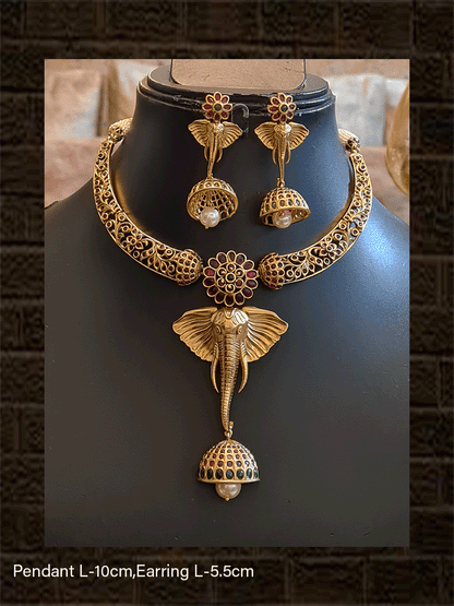 Ruby and green stones flower with long ganpati ji face pendant set with half jhoomki hanging - Odara Jewellery