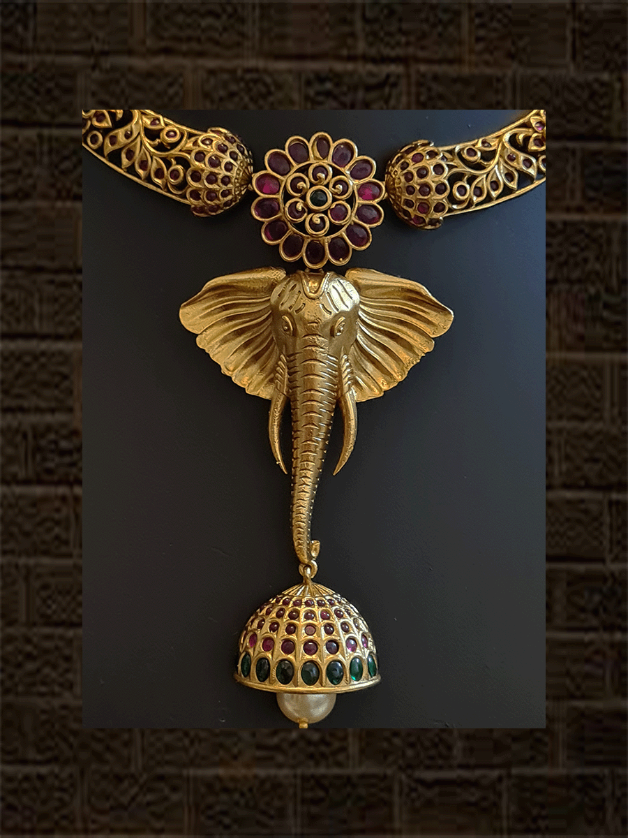 Ruby and green stones flower with long ganpati ji face pendant set with half jhoomki hanging - Odara Jewellery