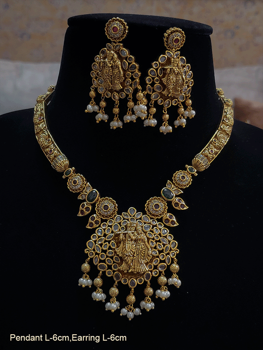 Radha krishna polki studded pendant set with pearl drops