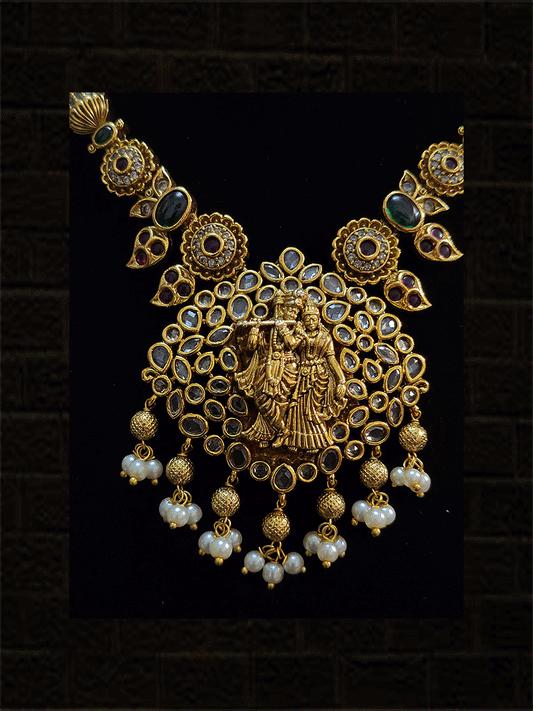 Radha krishna polki studded pendant set with pearl drops - view 2