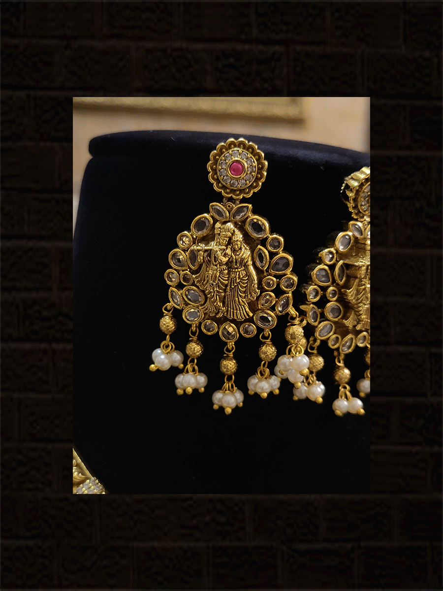 Radha krishna polki studded pendant set with pearl drops - view 3