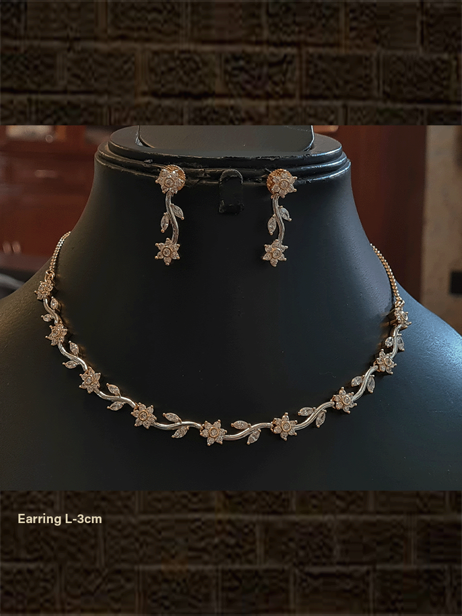 Flower and leaf design delicate AD set in gold finish - Odara Jewellery