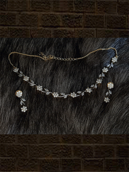 Flower and leaf design delicate AD set in gold finish - Odara Jewellery