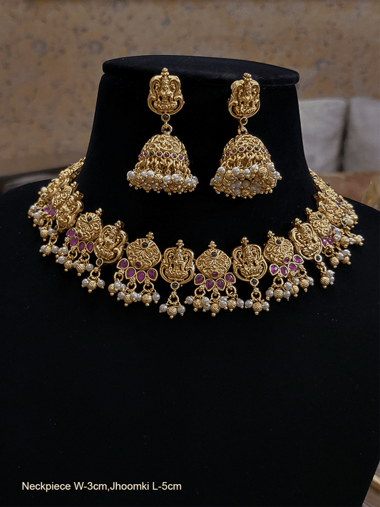 Laxmiji motif tukdies studded with ruby, green stones set - Odara Jewellery