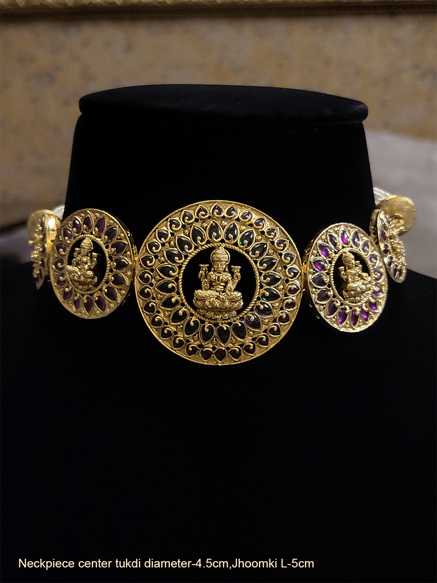 Laxmiji motif's in five circular tukdies set studded with ruby and green stones - Odara Jewellery
