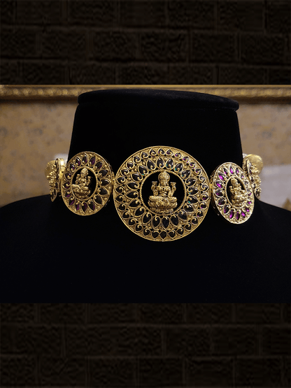 Laxmiji motif's in five circular tukdies set studded with ruby and green stones - Odara Jewellery